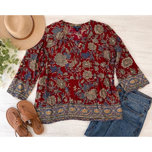 Lucky Brand Tops - Lucky Brand Red Floral Boho Henley Tunic Blouse Plus Size 2X 3/4 Sleeve Border